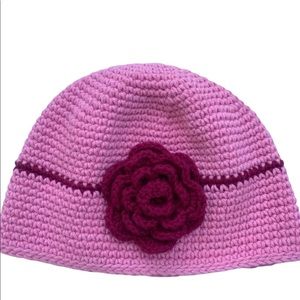 Crochet Handmade Pink Hat with Burgundy Flower Girl One Size
